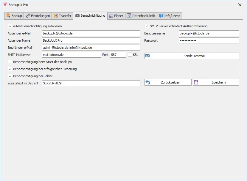 BackupLX Pro - Benachrichtigung