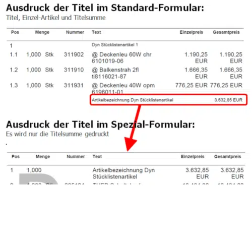 Auftragsformular für Ausweisung einer dynamischen Stückliste